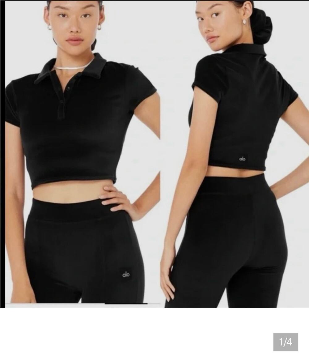 Alo Yoga black polyester & spandex polo crop top in XS